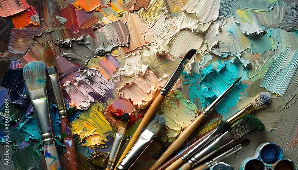 Fototapeta premium Colorful paint brushes and palette with oil paint.