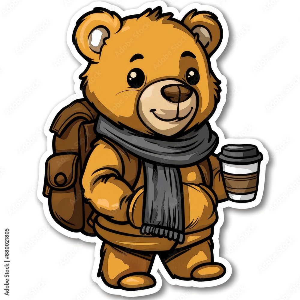 Obraz premium cartoon bear with scarf and coffee cup sticker, white background, simple Q version of the cartoon character stickers