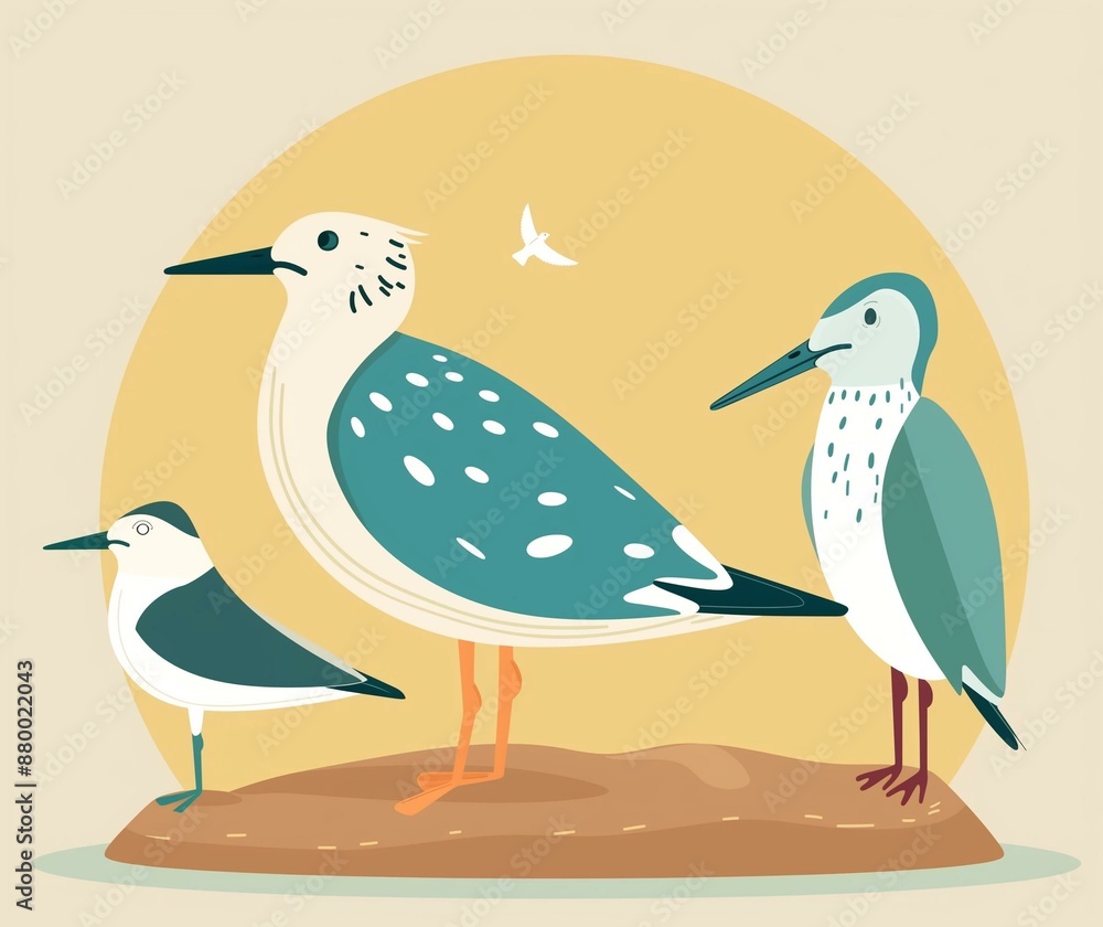 Obraz premium Colorful Illustration of Three Birds with Retro Design Concept for Nature Lovers