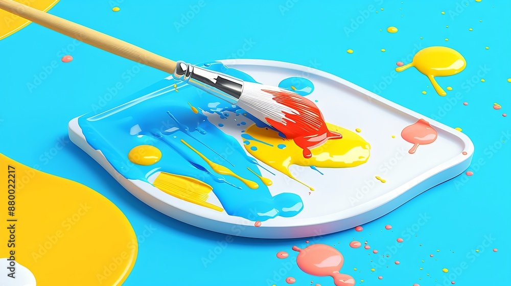Colorful paint splatters and a paintbrush on a white palette. Colorful paint splatters and a paintbrush on a white palette.
