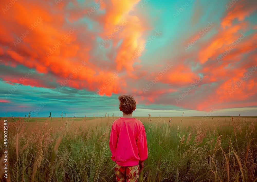 Romantic Sunset Over Prairie With Child in Red Shirt: Abstract Photography Background. Romantic Sunset Over Prairie With Child in Red Shirt: Abstract Photography Background.
