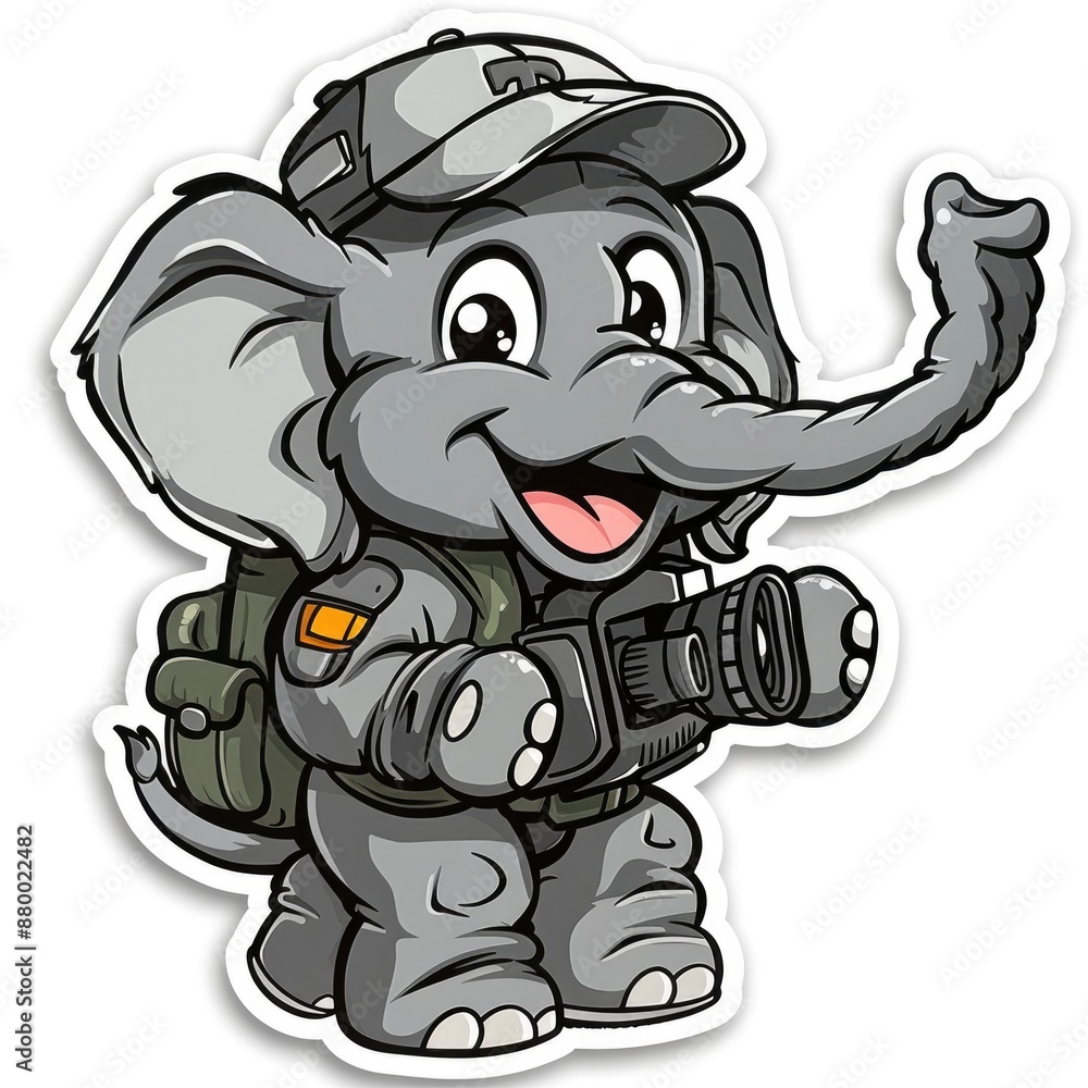 cartoon elephant with hat and camera sticker, white background, simple Q version of the cartoon character stickers cartoon elephant with hat and camera sticker, white background, simple Q version of the cartoon character stickers
