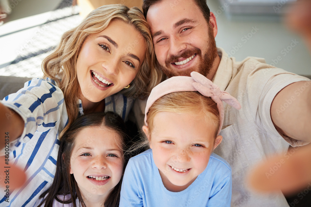 Selfie, children and parents with smile, home and profile picture of happy family, love and bonding. House, man and woman with memory to share with girls, joy and photography of kids with mom or dad Selfie, children and parents with smile, home and profile picture of happy family, love and bonding. House, man and woman with memory to share with girls, joy and photography of kids with mom or dad