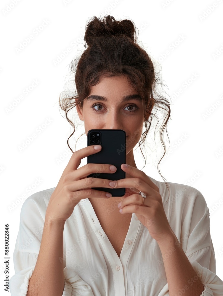 A woman using her mobile phone to take a self-portrait A woman using her mobile phone to take a self-portrait