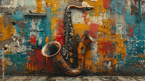 Saxophone against a vibrant graffiti wall