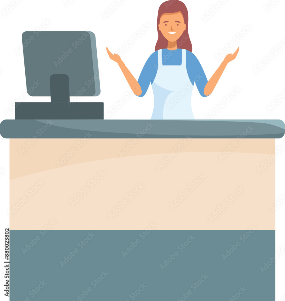Female cashier smiling and standing behind cash register counter Female cashier smiling and standing behind cash register counter