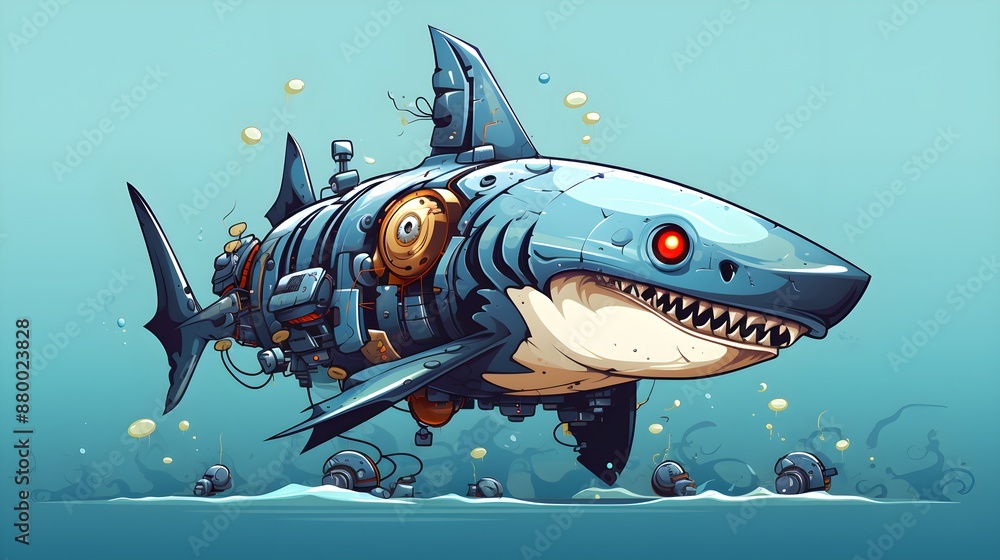 Naklejka premium Robotic Shark illustration Flat vector, Generative AI
