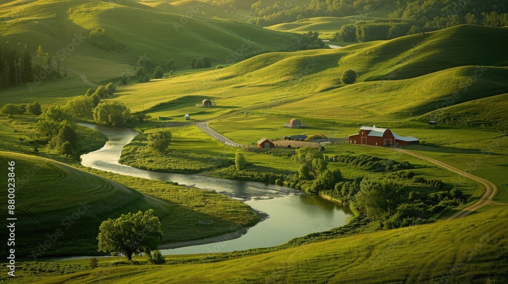 Obraz premium A serene countryside estate with rolling hills, a winding river, and a picturesque red barn in the distance.
