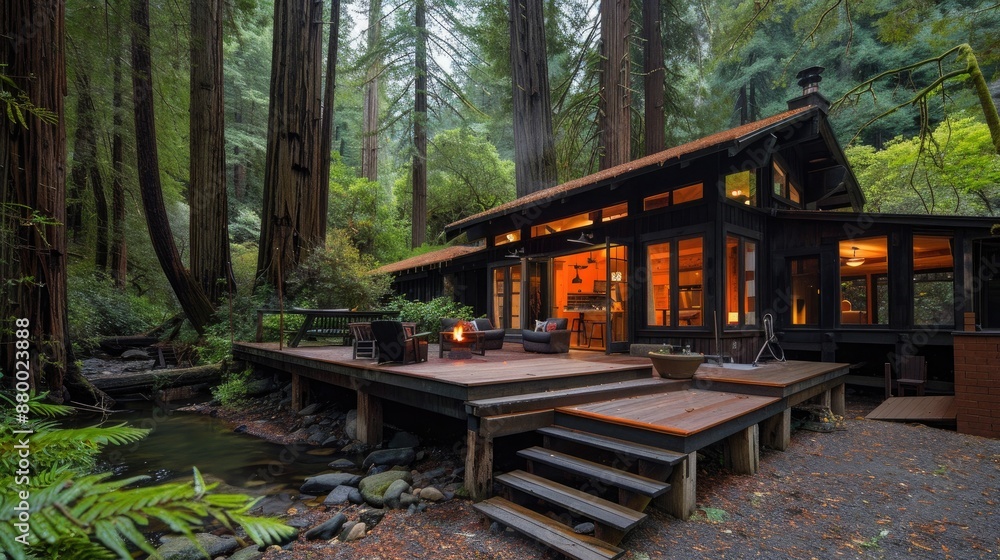A serene forest cabin with a large deck, surrounded by towering redwoods and a tranquil stream nearby. A serene forest cabin with a large deck, surrounded by towering redwoods and a tranquil stream nearby.
