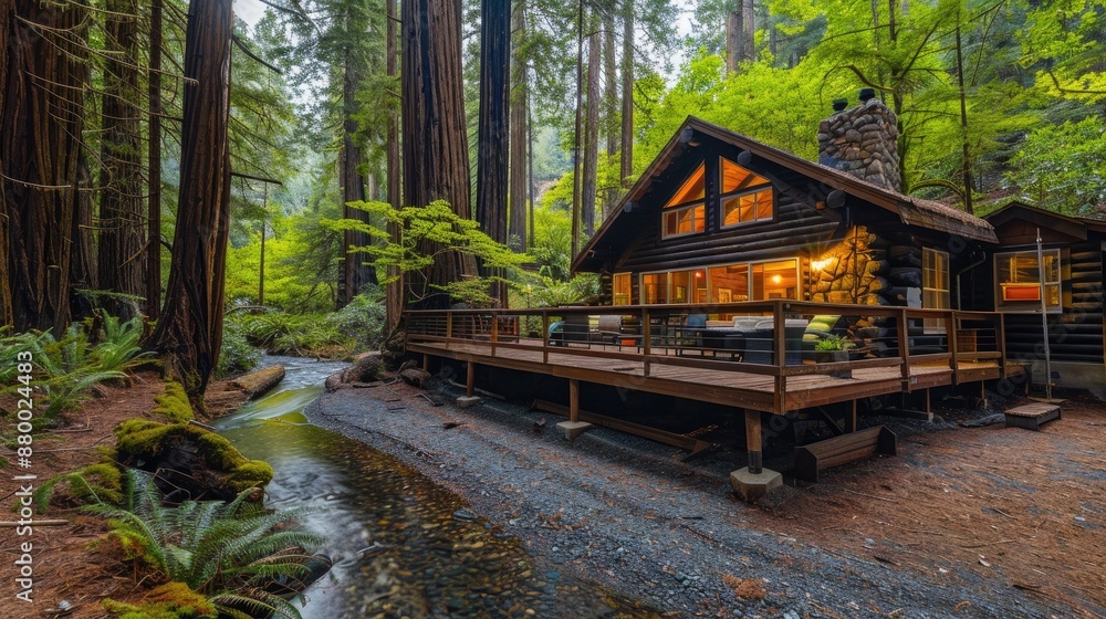 A serene forest cabin with a large deck, surrounded by towering redwoods and a tranquil stream nearby.