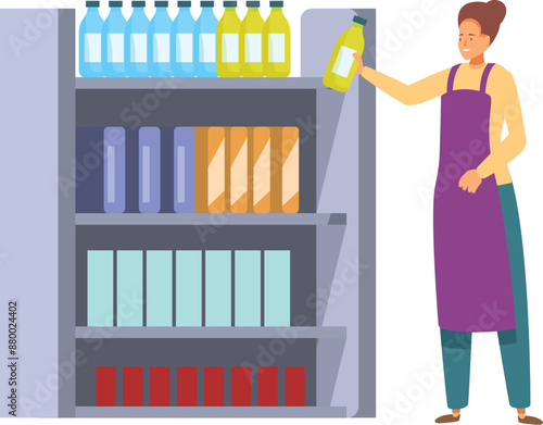 Supermarket employee wearing apron placing product on shelf, working in supermarket, retail work