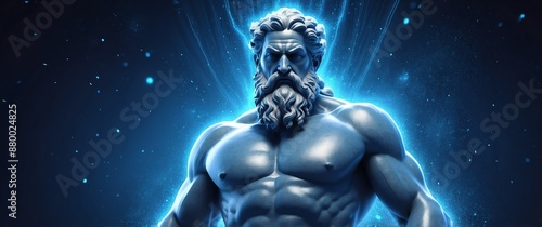 greek god zeus with blue light trail effect futuristic particles background design backdrop