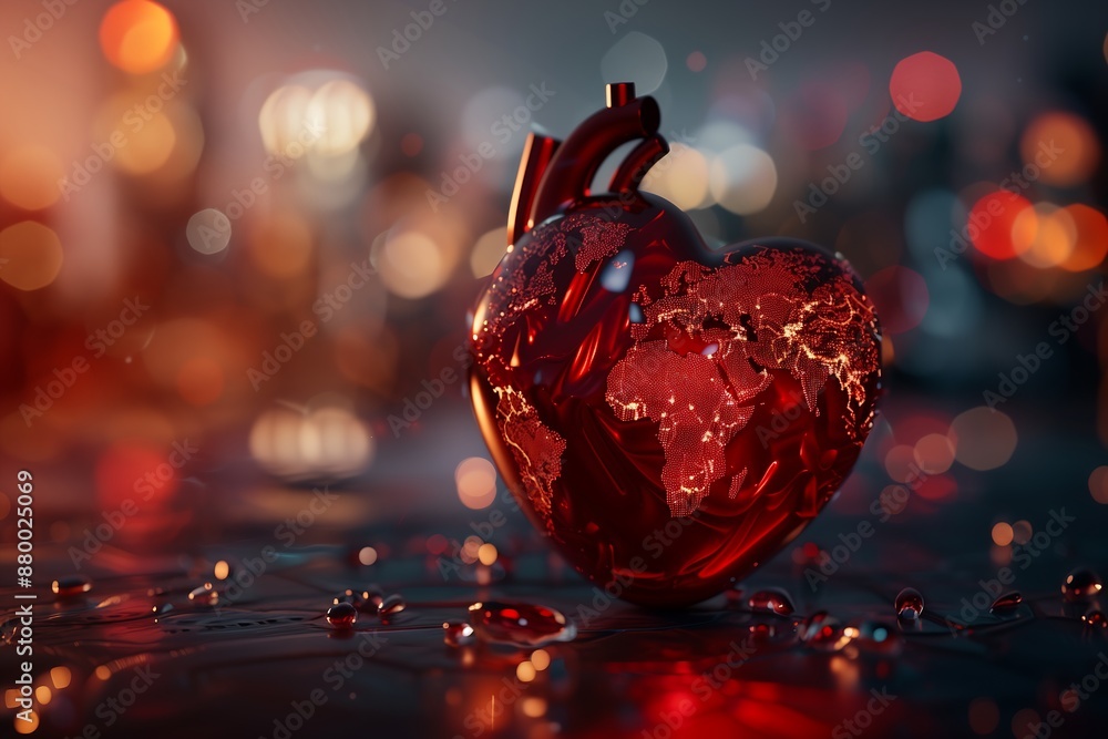 Heart-shaped globe in red with glowing lights, city lights in background. Heart-shaped globe in red with glowing lights, city lights in background.