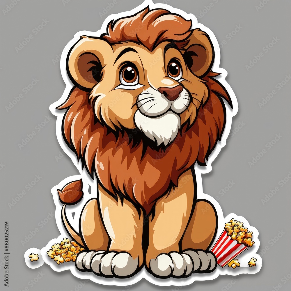 Fototapeta premium cartoon lion with popcorn and movie ticket sticker, white background, simple Q version of the cartoon character stickers