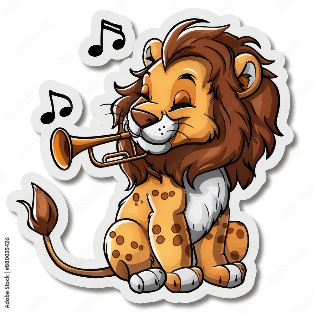 Naklejka premium cartoon lion with trumpet and music stand sticker, white background, simple Q version of the cartoon character stickers