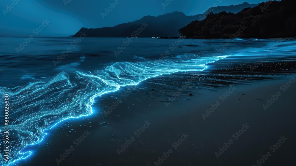 Fototapeta premium A supernatural beach where the waves form congratulatory shapes and messages, illuminated by underwater lights that celebrate the victor s achievement with copy space, high tech