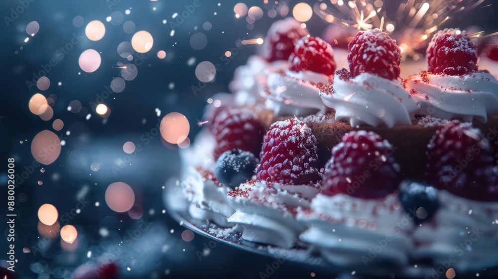 A supernatural feast where desserts erupt into sparkling fireworks, showering guests with edible glitter with copy space, high tech A supernatural feast where desserts erupt into sparkling fireworks, showering guests with edible glitter with copy space, high tech