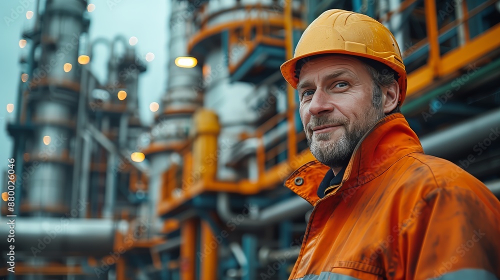 A professional engineer wearing a safety helmet and reflective jacket stands at an industrial facility with complex steel structures in the background. A professional engineer wearing a safety helmet and reflective jacket stands at an industrial facility with complex steel structures in the background.