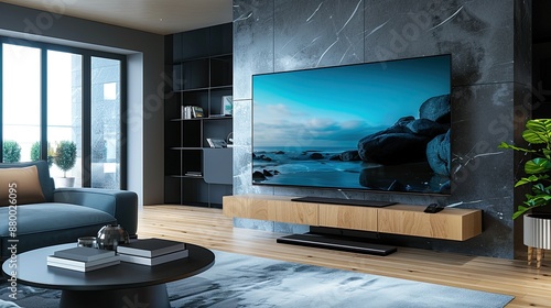 A sleek, modern flat screen TV installed on the wall in a tastefully designed living room space.