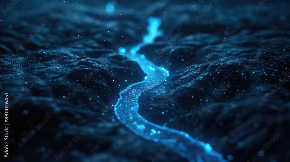 A supernatural river flowing with liquid starlight, illuminating the surrounding nature in a serene glow with copy space, high tech A supernatural river flowing with liquid starlight, illuminating the surrounding nature in a serene glow with copy space, high tech