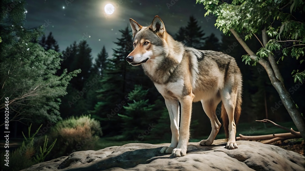 Fototapeta premium wolf stands in a dark forest, with a full moon in the background ai generated