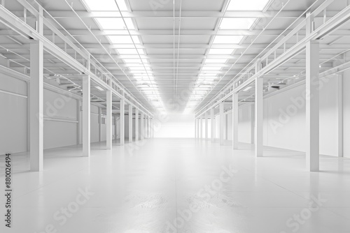 Empty modern white warehouse with a spacious interior and clean white background