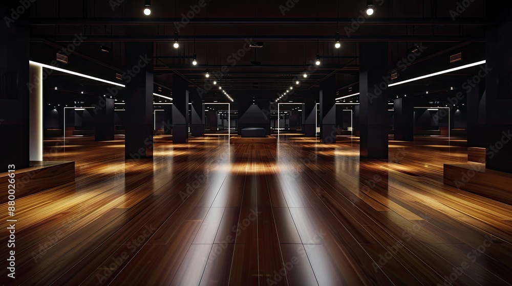 A sophisticated dark room at night with a minimalist design, featuring polished wooden floors and dim overhead lighting, creating ample copy space. A sophisticated dark room at night with a minimalist design, featuring polished wooden floors and dim overhead lighting, creating ample copy space.