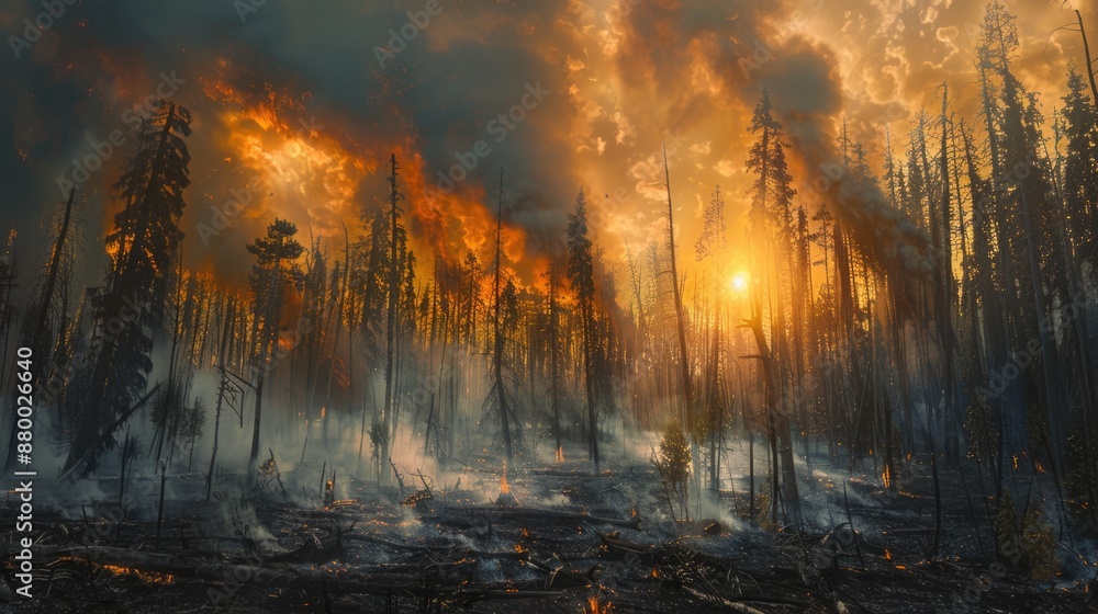A forest decimated by wildfires, with charred trees and smoke rising into the sky A forest decimated by wildfires, with charred trees and smoke rising into the sky