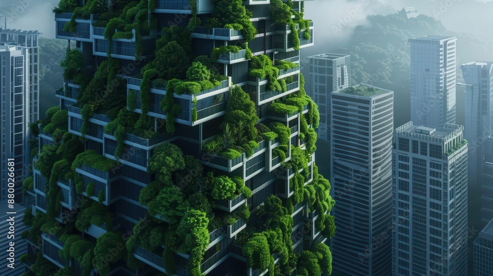 Obraz premium A supernatural urban landscape where buildings are constructed from living plants and advanced materials