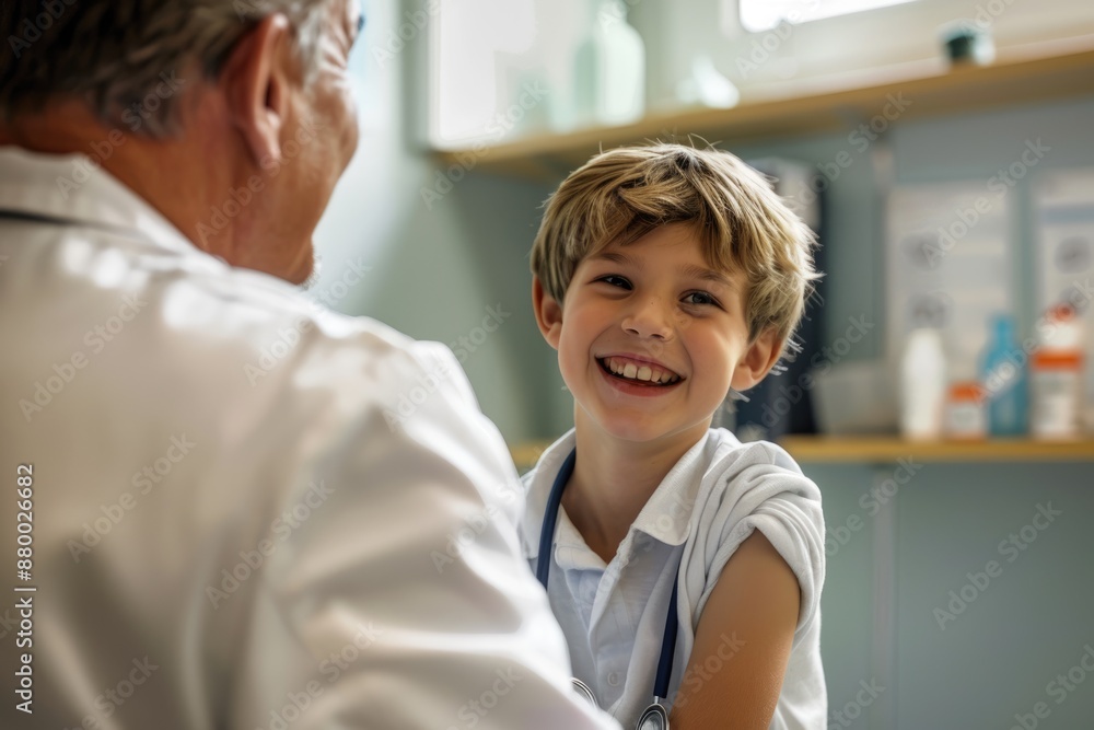 Fototapeta premium A happy young boy sitting on an examination table, smiling as a doctor prepares to give him a vaccine.