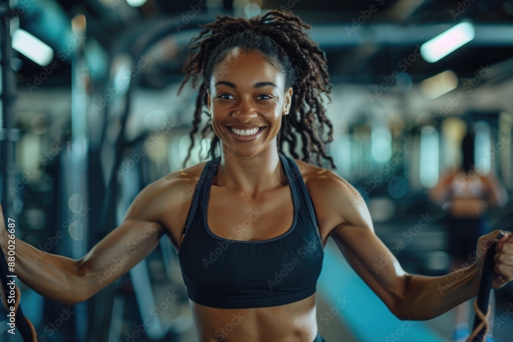 Fototapeta premium A woman in boxing gear, practicing her footwork in a spacious gym.