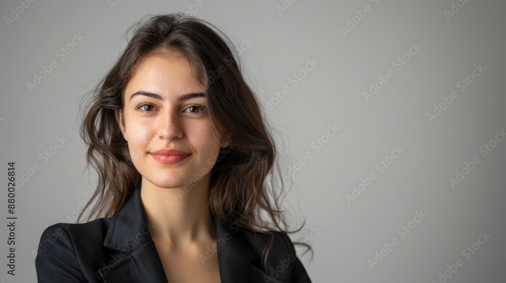 Obraz premium An elegant portrait of a confident young woman presenter against a plain background, highlighting her charm and ability to connect with the audience