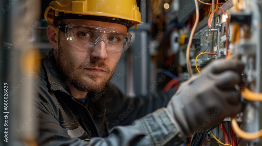 A candid portrait of an electric technician in action, captured from a dynamic angle to highlight the hands-on nature and technical expertise involved in electrical maintenance A candid portrait of an electric technician in action, captured from a dynamic angle to highlight the hands-on nature and technical expertise involved in electrical maintenance