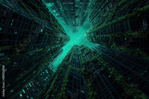 A surreal cityscape where skyscrapers are entwined with gigantic, glowing vines, merging urban architecture with the vibrant energy of nature with copy space, high tech