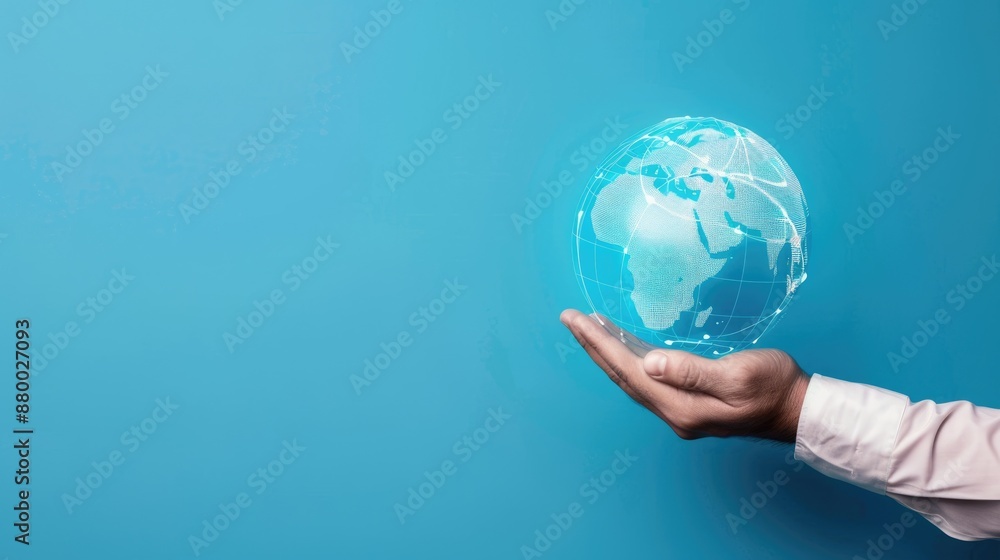 Businessman hand holding a hologram globe, symbolizing global marketing and connectivity, with a real photo against a solid blue background Businessman hand holding a hologram globe, symbolizing global marketing and connectivity, with a real photo against a solid blue background
