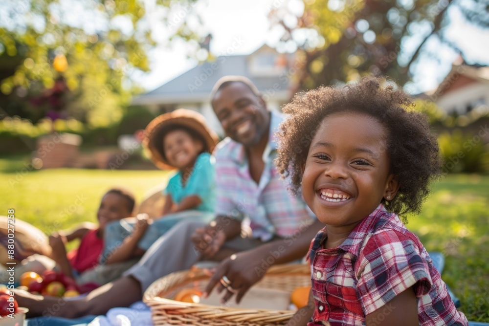 Fototapeta premium Family enjoying a picnic in the yard, parents watching kids play and everyone laughing and having fun