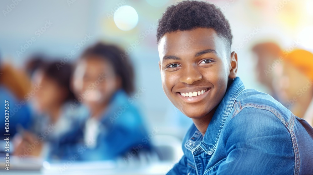A young man with a blue shirt is smiling at the camera A young man with a blue shirt is smiling at the camera