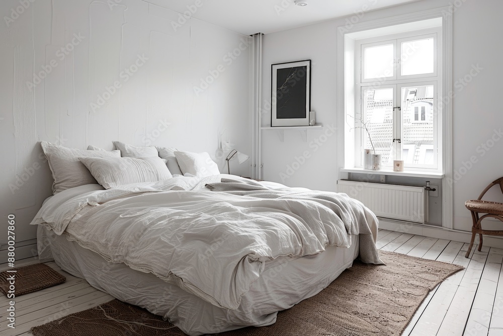 Minimal white bedroom with a cozy, warm atmosphere Minimal white bedroom with a cozy, warm atmosphere