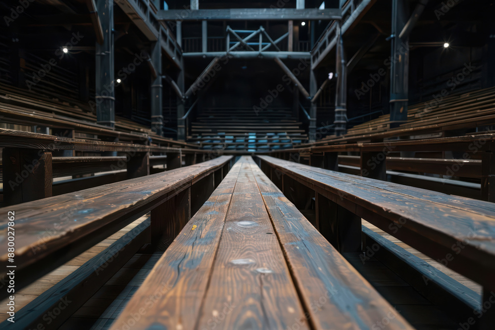 An enchanted arena where the old wooden bleachers transform into interactive digital screens, displaying historical replays alongside current matches with copy space, high tech An enchanted arena where the old wooden bleachers transform into interactive digital screens, displaying historical replays alongside current matches with copy space, high tech