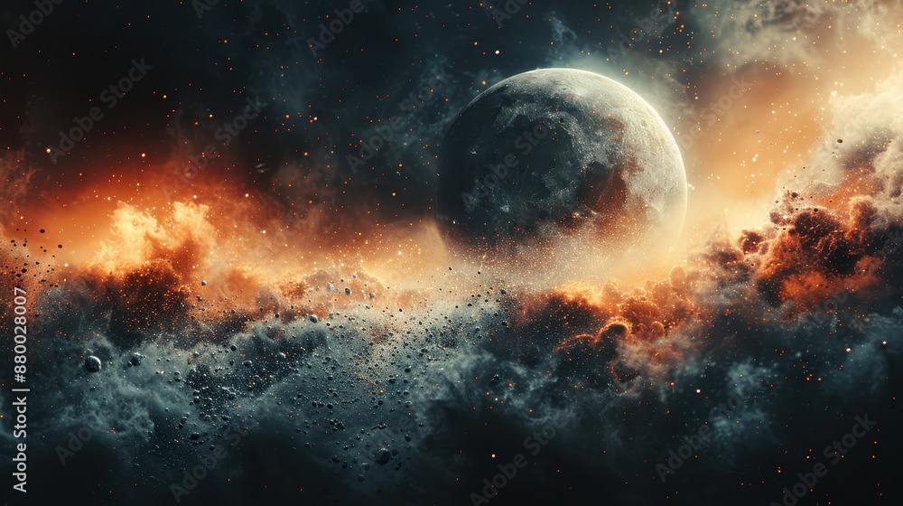 Obraz premium Cosmic Landscape Illustration - A Moon in a Dusty Nebula