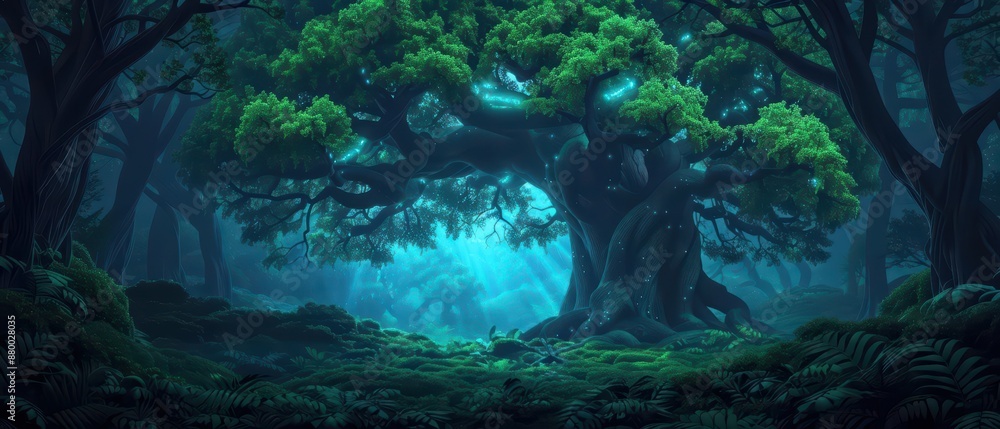 An enchanted dwelling where trees and vines form the structure, their bioluminescent glow lighting the interior with copy space, high tech An enchanted dwelling where trees and vines form the structure, their bioluminescent glow lighting the interior with copy space, high tech