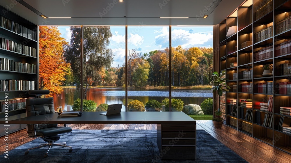 A sophisticated home office with sleek furniture, a large desk, a library wall, and a window view of a tranquil lake. A sophisticated home office with sleek furniture, a large desk, a library wall, and a window view of a tranquil lake.