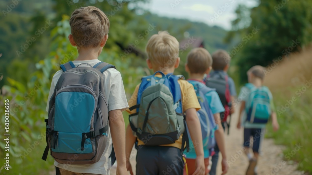 A group of children are walking down a path with backpacks on A group of children are walking down a path with backpacks on