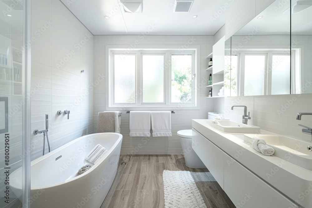 Modern white bathroom with a focus on minimalism and clean lines Modern white bathroom with a focus on minimalism and clean lines