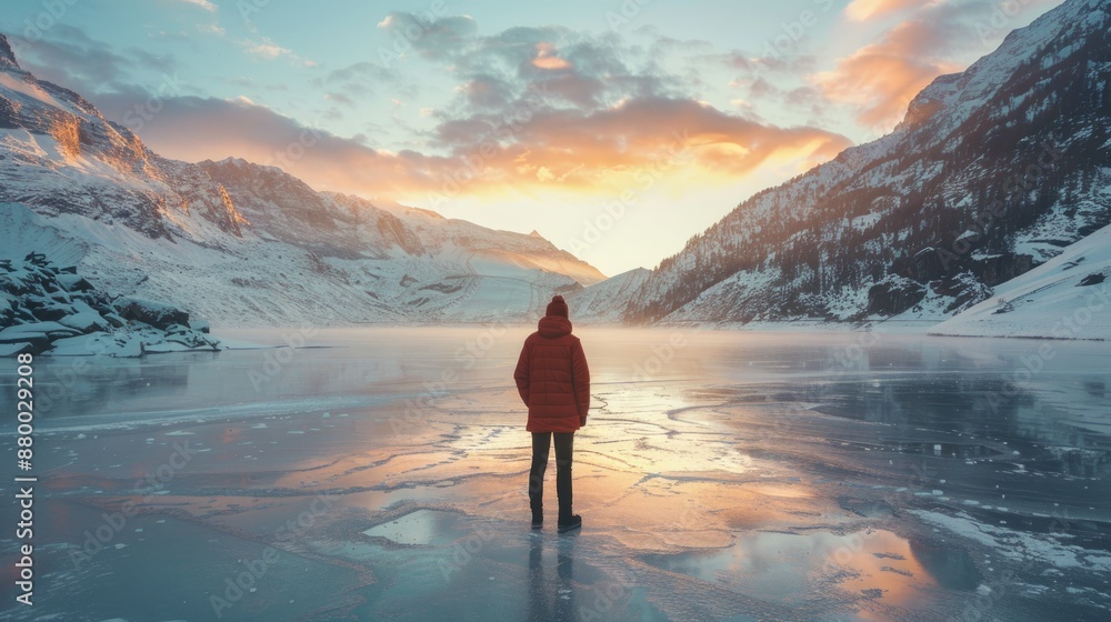 A happy traveler stands amidst the beauty of a frozen mountain lake at sunset, their happiness evident as they take in the majestic scenery, with the snow-covered landscape and calm waters creating a A happy traveler stands amidst the beauty of a frozen mountain lake at sunset, their happiness evident as they take in the majestic scenery, with the snow-covered landscape and calm waters creating a