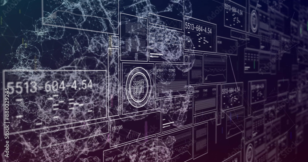 Image of graphs, changing number, loading circle, bars, connected dots forming abstract pattern Image of graphs, changing number, loading circle, bars, connected dots forming abstract pattern