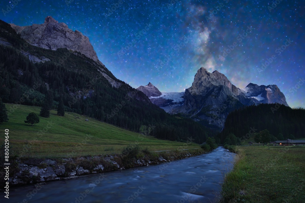 Starry sky with Milky Way, above Wellhorn Mountain, Rosenlaui, Bernese Oberland, Canton Bern, Switzerland, Europe Starry sky with Milky Way, above Wellhorn Mountain, Rosenlaui, Bernese Oberland, Canton Bern, Switzerland, Europe