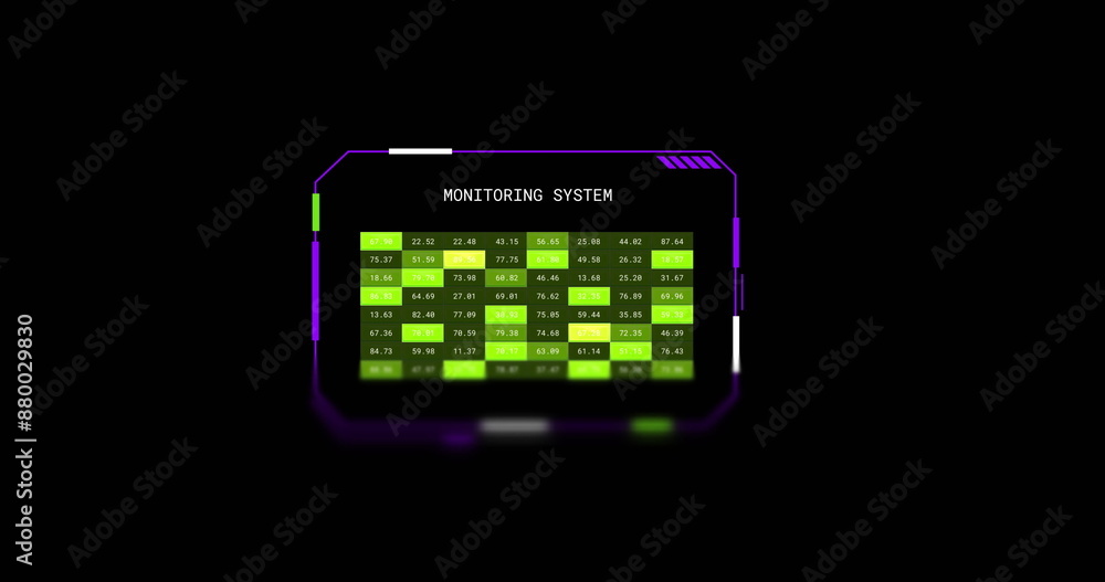 Image of interface screen with monitoring system text numbers and green lights, on black Image of interface screen with monitoring system text numbers and green lights, on black