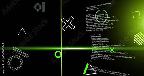 Image of green scanner beams and rotating shapes over data processing on dark background