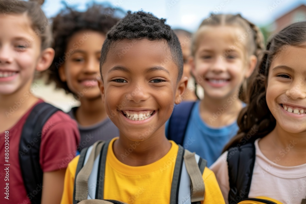 A group of children are smiling and posing for a picture A group of children are smiling and posing for a picture